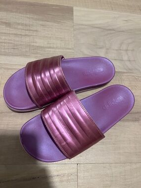 adidas Metallic Rose-Pink Slide Sandals cloud slides